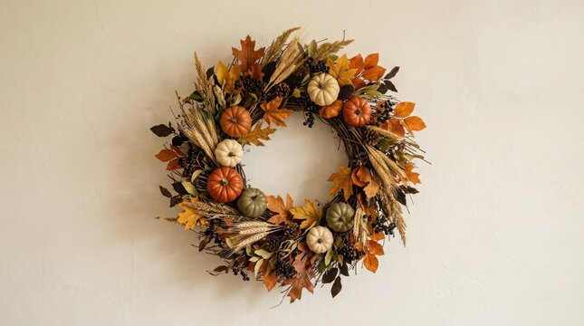 A beautiful rustic fall wreath decorated with small pumpkins and dried autumn leaves for a festive halloween home decoration