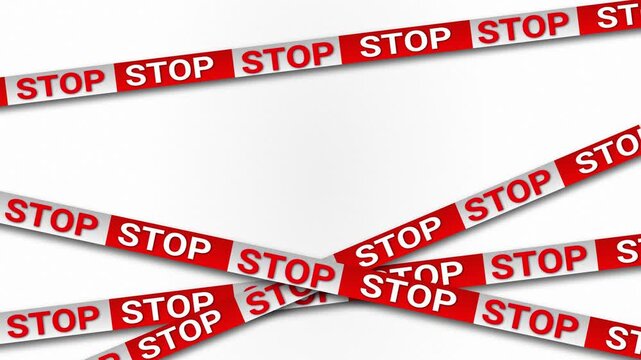 Red stop tape crossing on white background. Safety barrier ribbon for caution and restriction. STOP warning sign for construction site and police investigation zone.