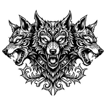 Intricate Three Headed Wolf Ornamental Tattoo Emblem Vector