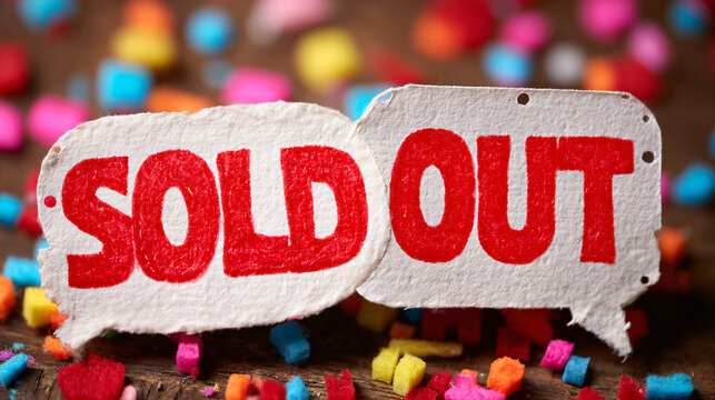 Sold Out sign on a textured background with colorful scattered candy pieces for retail sales.