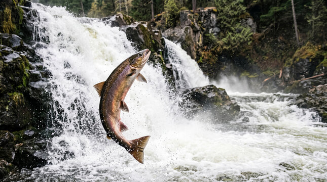 A salmon leaps from white water through a forest waterfall, symbolizing nature's power, perseverance, and natural cycles, perfect for environmental or wildlife themes.