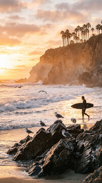 Golden hour illuminates a rugged coastline with a surfer carrying a surfboard and seagulls perched on rocks, symbolizing adventure, nature, and coastal serenity