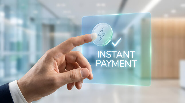 The future of finance is here a hand interacting with a holographic instant payment interface