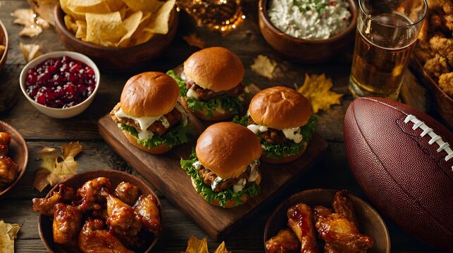 Thanksgiving football viewing party food spread with turkey sliders and chicken wings
