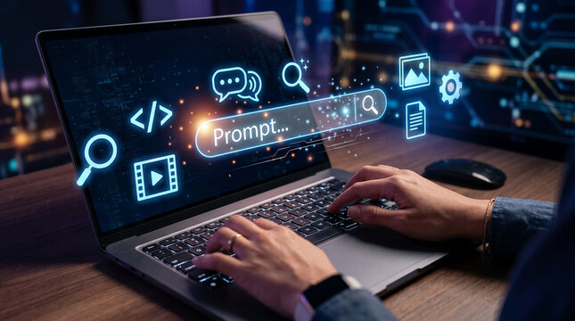 Digital interface on a laptop screen showing search bar and icons, representing online search and data input, conceptualizing digital exploration and technology