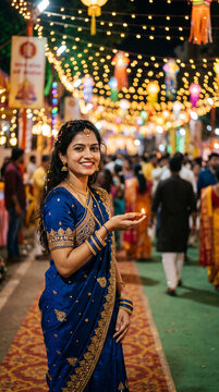 Woman in traditional attire holding a diya, illuminated by festive lights, symbolizing celebration and cultural heritage, representing Indian festival spirit.