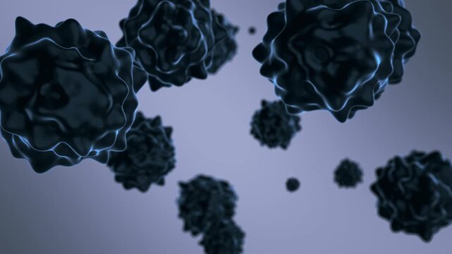 Abstract dark organisms float in space, creating the sensation of a microscopic world. The complex organic forms of the objects create a striking contrast with the soft blue background. Visualizations