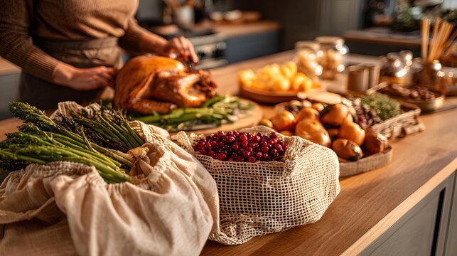 Thanksgiving dinner preparation with roasted turkey and fresh produce on kitchen island