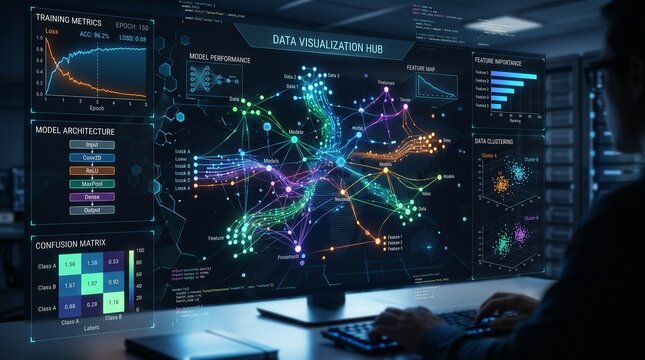 Data visualization hub with neural network graphs. Machine learning model architecture on digital screen. AI analytics dashboard in dark server room.