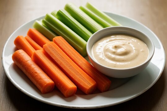Carrot and celery sticks with dip served on white plate. Fresh cut vegetables arranged near bowl of sauce, ready for eating. Healthy snack portion on table.
