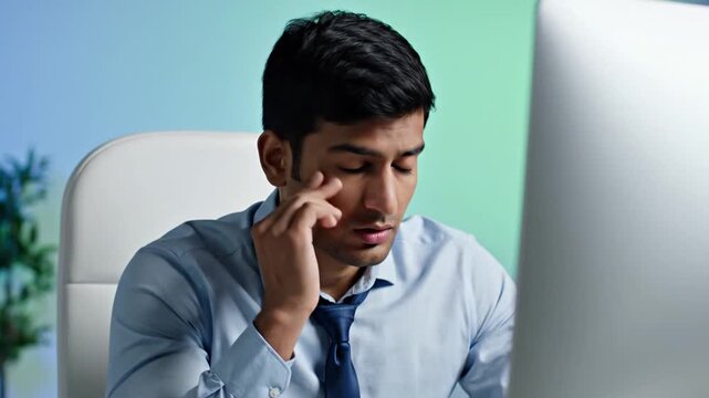 Frustrated Businessman Working On Computer Experiencing Burnout And Stress