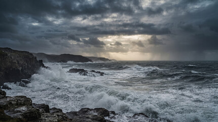 Fototapeta premium Dramatic Storm Clouds Over a Rocky Ocean Coast at Sunset