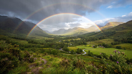 Fototapeta premium Rainbow Over a Green Mountain Meadow on a Cloudy Summer Morning