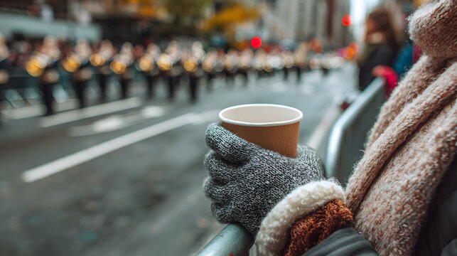 Spectator holding hot coffee cup while watching a marching band parade outdoors