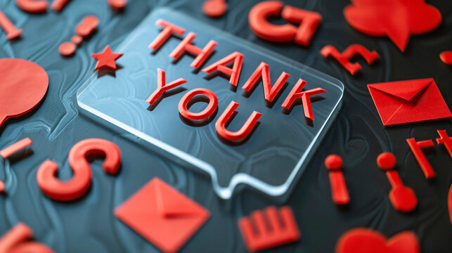 Thank You message in a speech bubble with red letters and icons on a dark background.