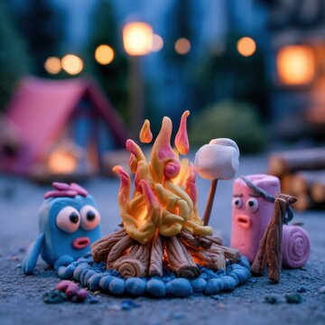 A clay bonfire burns with small flames while clay creatures sit around it holding marshmallows at a camp during dusk.