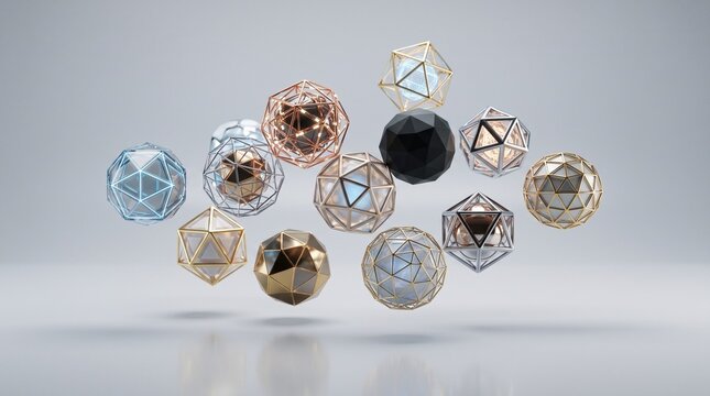 Futuristic geometric spheres in metallic gold and silver. Abstract 3D low poly shapes floating on white background. Modern tech design elements.