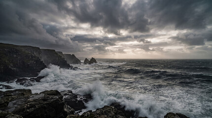 Fototapeta premium Dramatic Storm Clouds Over a Rocky Ocean Coast at Sunset