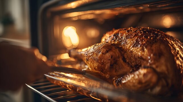 Golden brown turkey being basted inside a hot oven with warm light