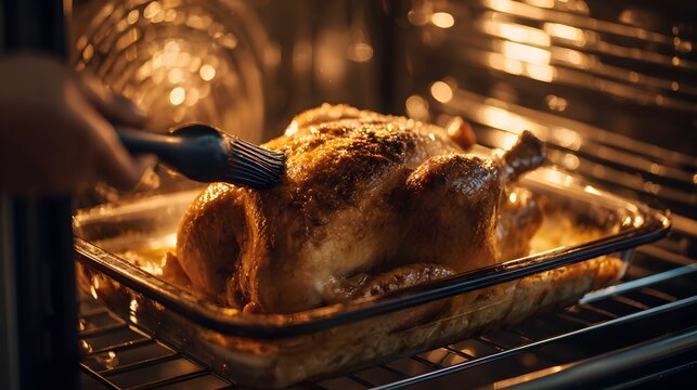 Basting a golden brown turkey in a hot oven with a brush