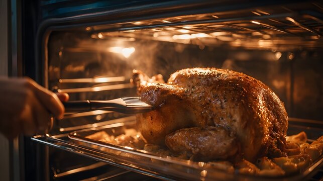 Basting a golden brown turkey with herbs inside a hot oven with steam rising