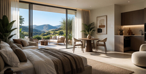 Obraz premium Modern luxury villa bedroom with open sliding glass doors. View of green mountains, valley from cozy living space. Minimalist interior features wooden dining table, kitchen, comfortable bed, terrace.