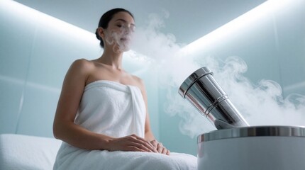 Fototapeta premium Young woman on cryotherapy treatment in modern spa. Female client inhales cold nitrogen mist from device for wellness. Facial cryo therapy helps skin rejuvenation, inflammation relief in beauty