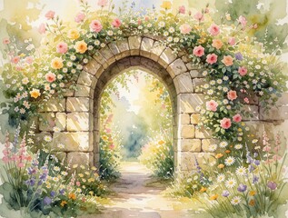 Fototapeta premium Watercolor painting of stone archway covered in roses, daisies. Gentle light filters through blooming petals, foliage, creating romantic garden entrance. Soft pastels create dreamy, peaceful
