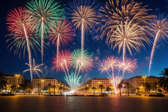 City street at night filled with bright fireworks. Colorful explosions light up the dark sky above buildings and palm trees. Cars drive on the illuminated road below.