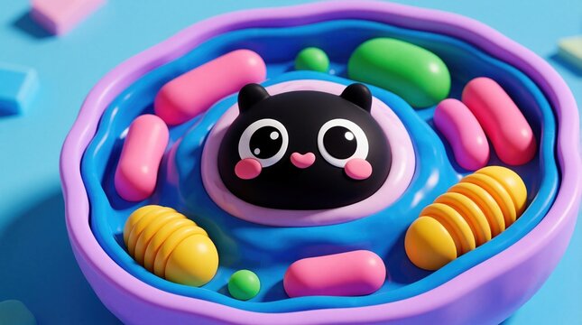 Cute cartoon cell model with nucleus and organelles. Simplified biology education illustration for kids. Colorful science learning visual aid, digital render.