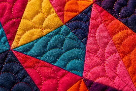 Geometric quilt patchwork stitched on fabric surface closeup