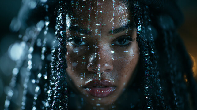 Futuristic Woman Face with Digital Code Projection