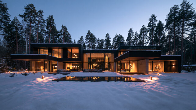 Modern Luxury Villa Exterior in Snowy Forest at Dusk