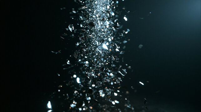 Abstract Shattered Glass Particles Exploding Against Dark Background