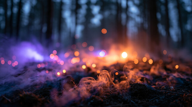 Forest Fire Embers and Smoke Glowing on Ground at Night