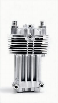 Metallic air cooled internal combustion engine cylinder block isolated against bright white studio background with showcases polished metallic