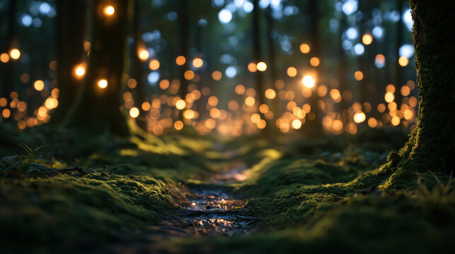 Magical Enchanted Forest with Glowing Bokeh Lights at Dusk