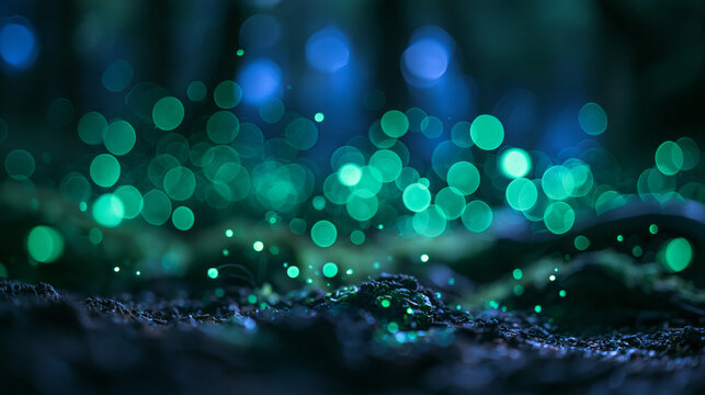 Magical Glowing Green Bokeh Lights in Enchanted Forest