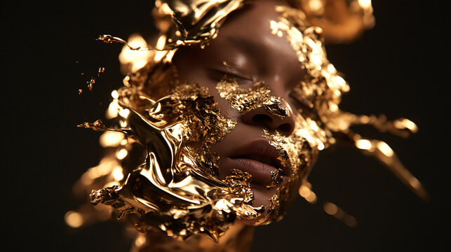 Artistic Portrait of Woman Covered in Splashing Liquid Gold