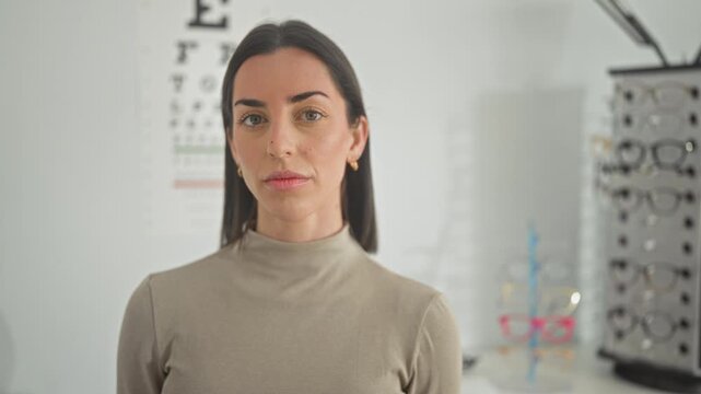 Woman optician standing with face visible looks at camera beside eyeglass rack and eye chart in building; professional calm care.