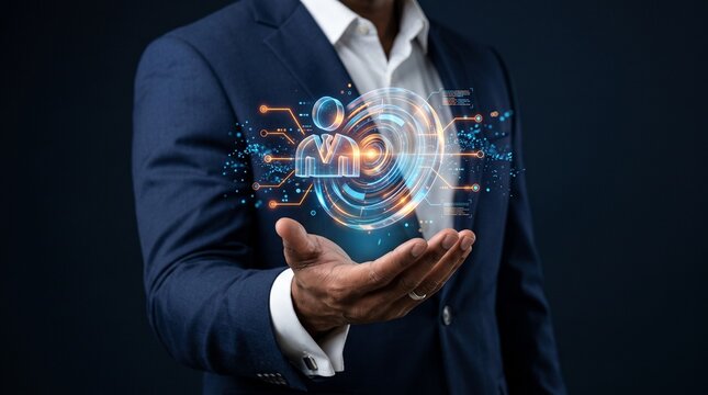 Professional man in a suit presenting a glowing user profile icon surrounded by digital circuits and data streams.