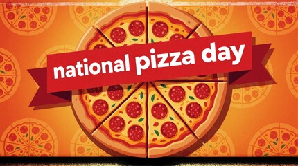 Obraz premium Pepperoni pizza slices adorn orange background with repeating pizza pattern. Red banner declares national pizza day event. Celebrate food holiday with tasty meal.
