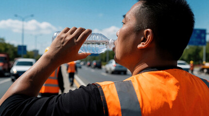 Obraz premium Construction worker drinks water on hot sunny day. Male labor man in safety vest rehydrates near road traffic. Thirsty man gets energy, avoids heat exhaustion.