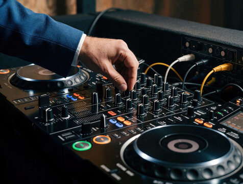 Person in blue suit adjusts knobs on dj mixer setup for party. Professional music controller with decks and faders used for mixing sounds at event. Nightclub audio equipment.