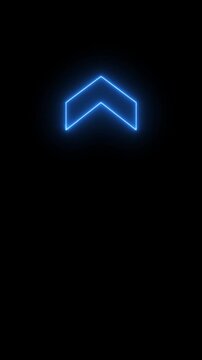 Single blue neon upward pointing chevron arrow symbol glowing against black background direction sign light design interface direction sign light design interface