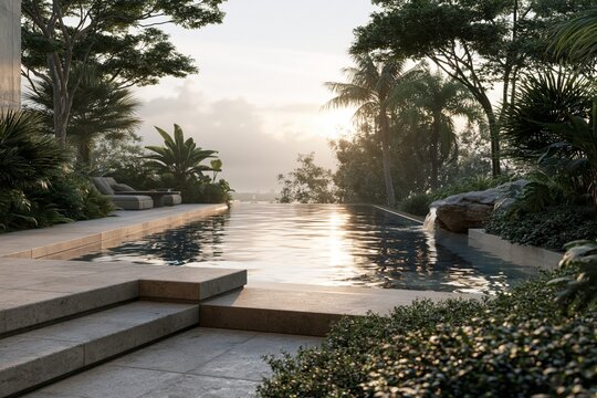 Luxury infinity pool surrounded by a contemporary garden with tropical plants, smooth stone surfaces and a cinematic sunset atmosphere