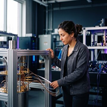 Female engineer inspects cables connected to a quantum computer in a modern high-tech research laboratory