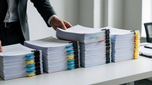 Man in suit sorts big paper stacks on desk. Organized document piles with color tabs. Busy office worker processes files and records. Information management concept.