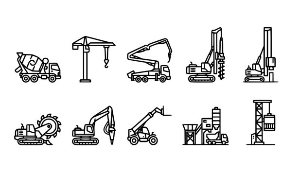 Construction Machinery Line Icons Set Black and White Minimal Outline SVG Vector Collection