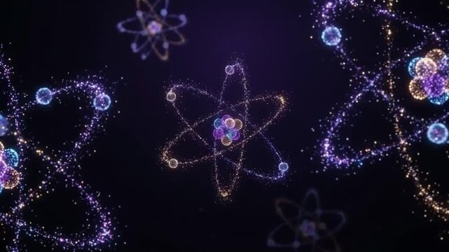Atom quantum particle electron proton neutron energy atomic nucleus orbit abstract physics science technology background, glowing atomic model with sparkling orbit trail and swirling energy dust